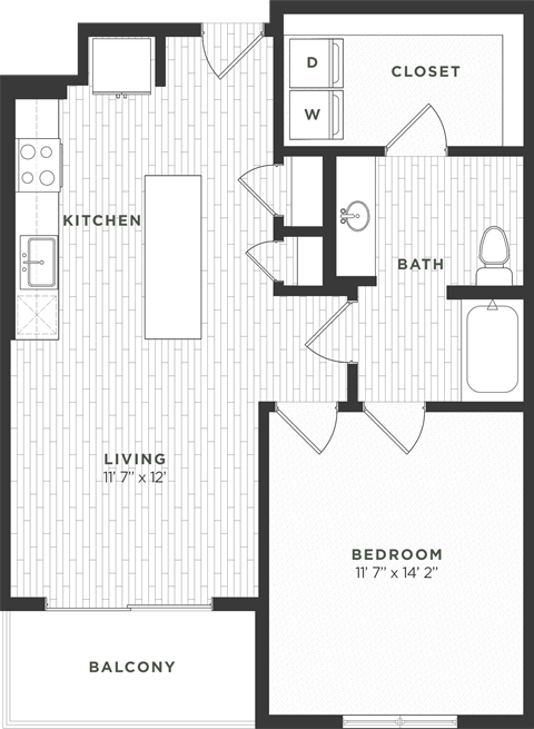 Floor plan for 1 bed, 1 bath, 793 sqft